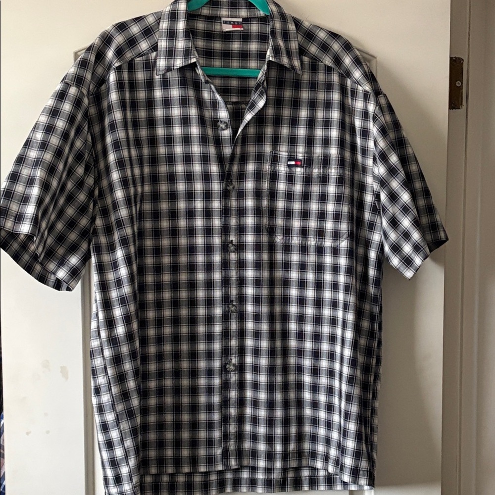 Tommy Hilfiger Men's Black and White Checkered Shirt Size L